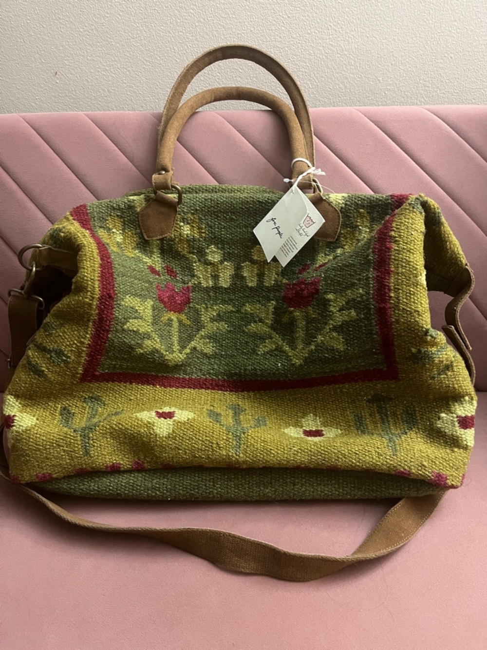 Free People Olive Green Floral Tapestry Tote with Brown Leather Handles - Picture 2 of 4